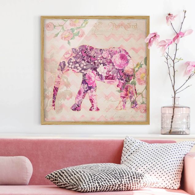 Obraz z motylem Kolaż w stylu vintage - różowe kwiaty, słoń