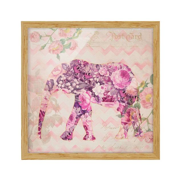 Obrazy w ramie zwierzęta Kolaż w stylu vintage - różowe kwiaty, słoń