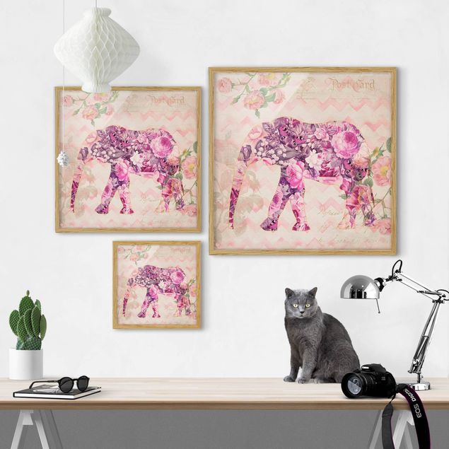 Obrazy do salonu nowoczesne Kolaż w stylu vintage - różowe kwiaty, słoń
