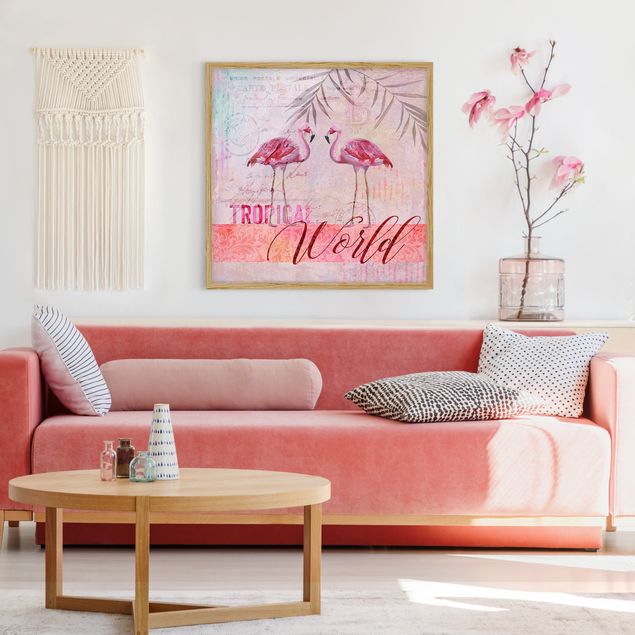 Obrazy w ramie vintage Kolaż w stylu vintage - Flamingi w tropikalnym świecie