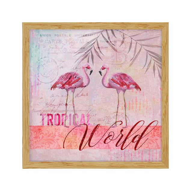 Obrazy do salonu Kolaż w stylu vintage - Flamingi w tropikalnym świecie