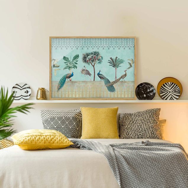 Obrazy do salonu nowoczesne Kolaże w stylu vintage - Tropikalne ptaki i drzewa palmowe
