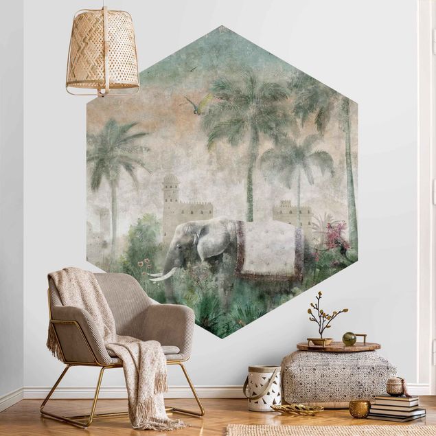 Tapety kwiaty Vintage Jungle Scene with Elephant