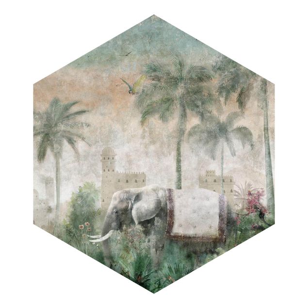 Sześciokątna tapeta samoprzylepna - Vintage Jungle Scene with Elephant