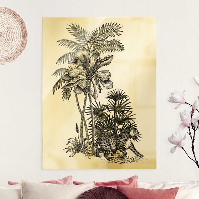 Obraz na szkle - Ilustracja w stylu vintage - tygrys i drzewa palmowe