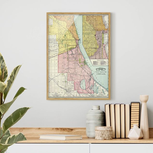 Obrazy w ramie do łazienki Mapa Chicago w stylu vintage