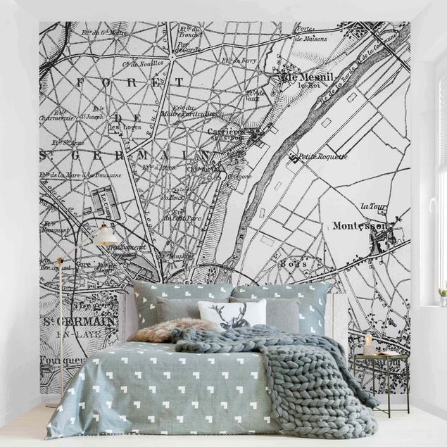 Tapeta czarno biała zabytkowa mapa St Germain Paryż