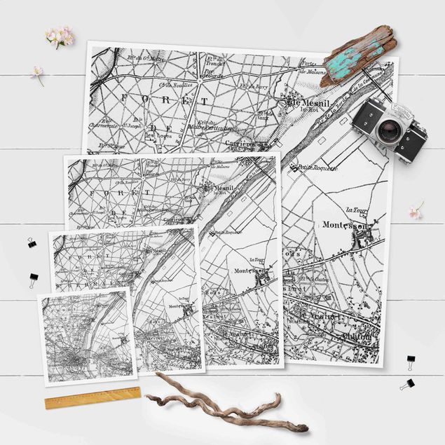 Plakaty czarno białe zabytkowa mapa St Germain Paryż