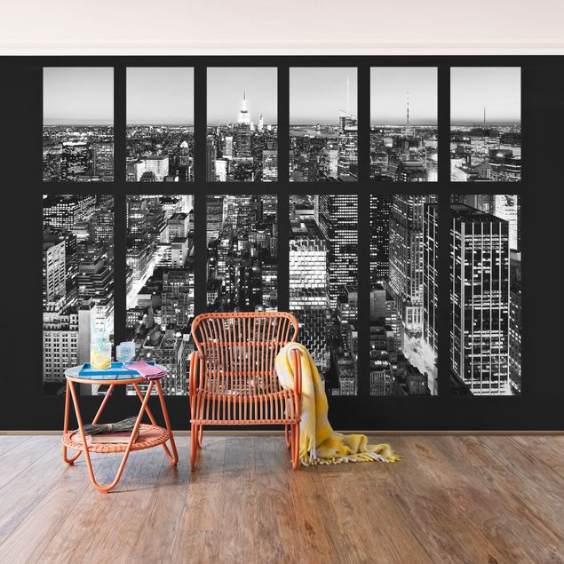 Dekoracja do kuchni Widok z okna na panoramę Manhattanu, czarno-biały