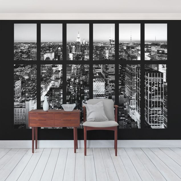 Fototapety Widok z okna na panoramę Manhattanu, czarno-biały
