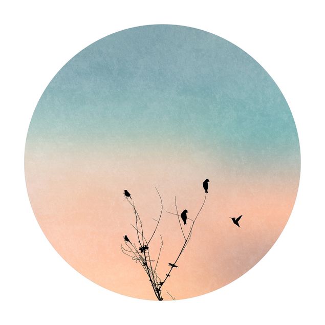 Okrągły dywan winylowy - Ptaki na tle różowego słońca II
