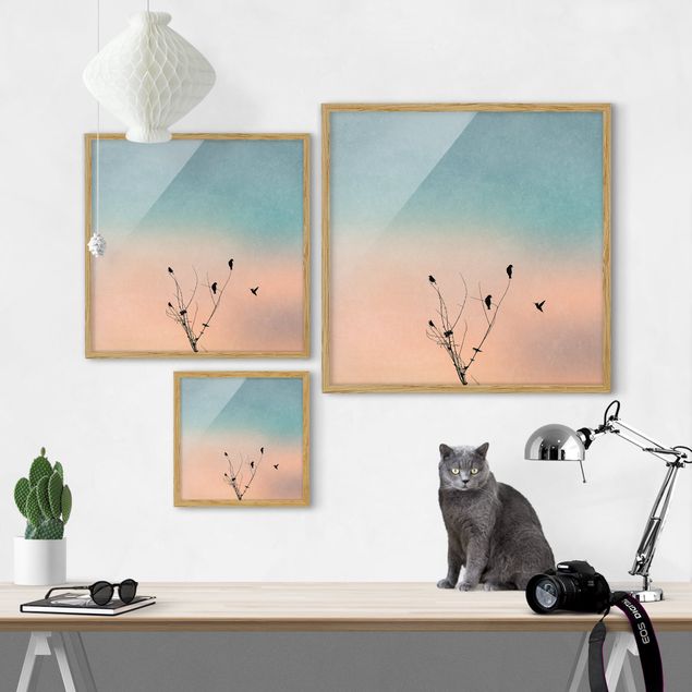 Obrazy w ramie do kuchni Ptaki na tle różowego słońca II