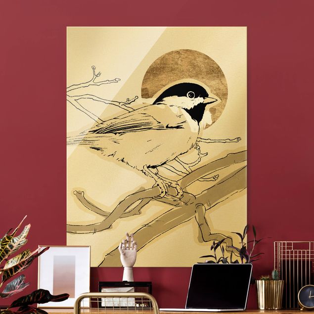 Obrazy na szkle portret Ptak na tle złotego słońca I