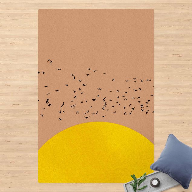 dywany nowoczesne Stado ptaków na tle żółtego słońca
