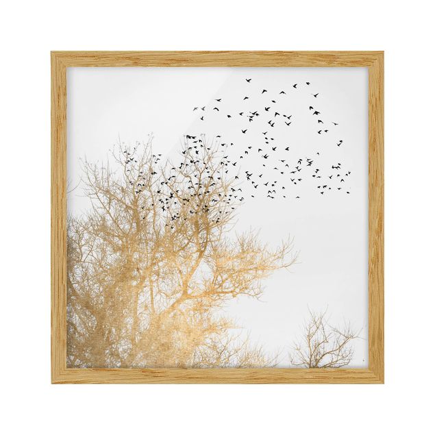 Obrazy w ramie do łazienki Stado ptaków na tle złotego drzewa