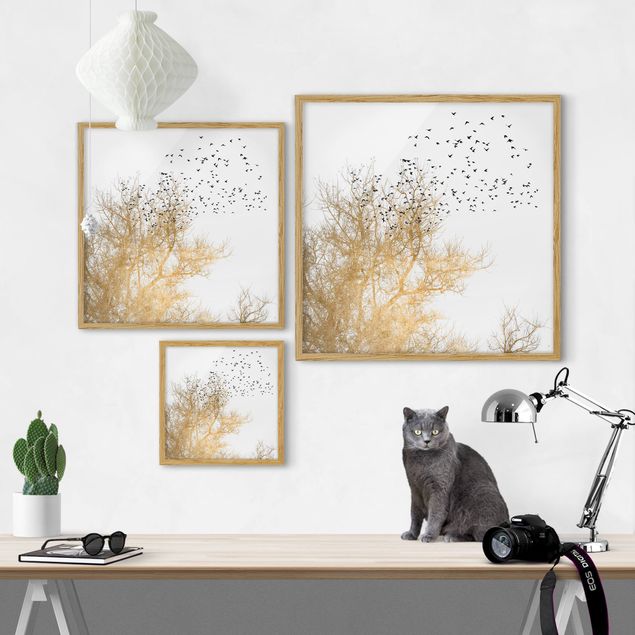 Obrazy w ramie do kuchni Stado ptaków na tle złotego drzewa