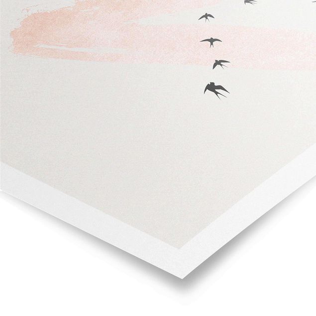 Obraz różowy Stado ptaków na tle różowego nieba
