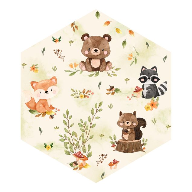 Sześciokątna tapeta samoprzylepna - Zwierzęta leśne Jesień Lis Niedźwiedź Wiewiórka Szop pracz