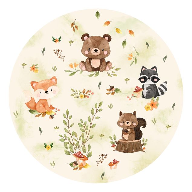Okrągła tapeta samoprzylepna - Zwierzęta leśne Jesień Lis Niedźwiedź Wiewiórka Szop pracz