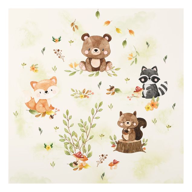 Obrazy na szkle zwierzęta Zwierzęta leśne Jesień Lis Niedźwiedź Wiewiórka Szop pracz