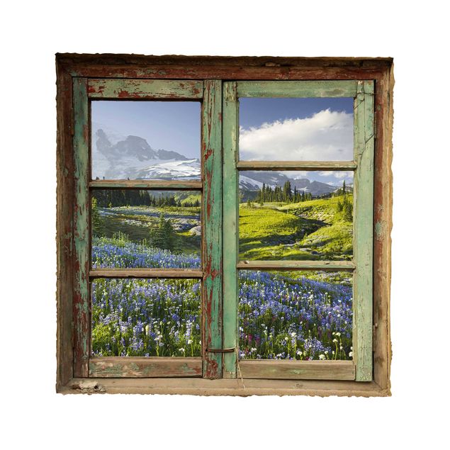 Naklejki ścienne 3d Window View of a Mountain Meadow With Flowers in Front of Mt. Rainier