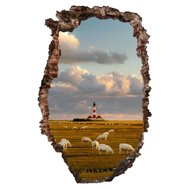 Naklejki ścienne 3d Latarnia morska na Morzu Północnym ze stadem owiec