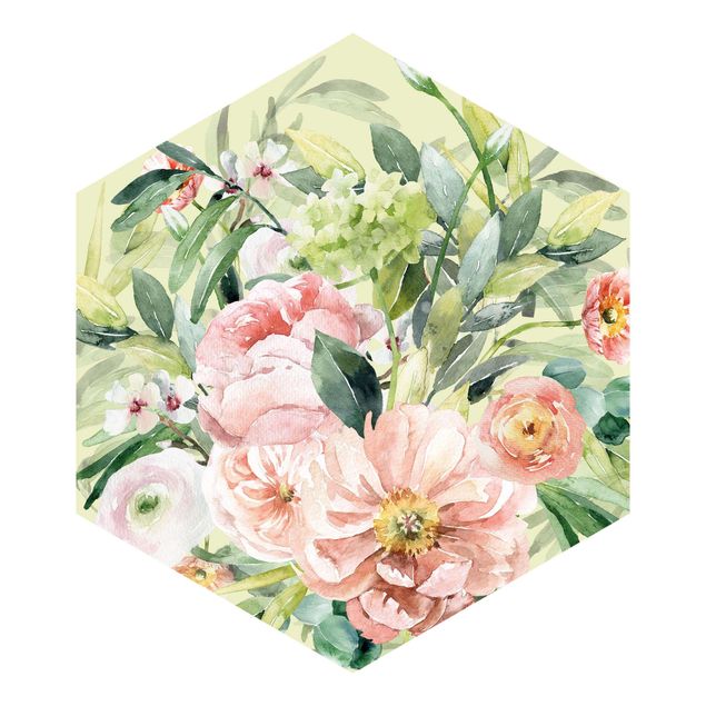 Sześciokątna tapeta samoprzylepna - Bukiet różowych kwiatów akwarelowych