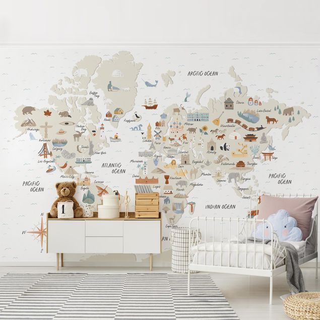 Różowa tapeta Mapa świata z zabytkami