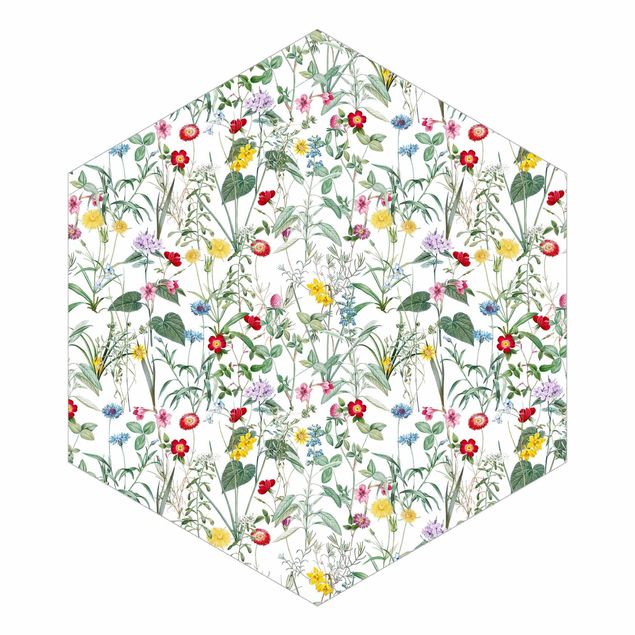 Sześciokątna tapeta samoprzylepna - Dzikie kwiaty na białym tle