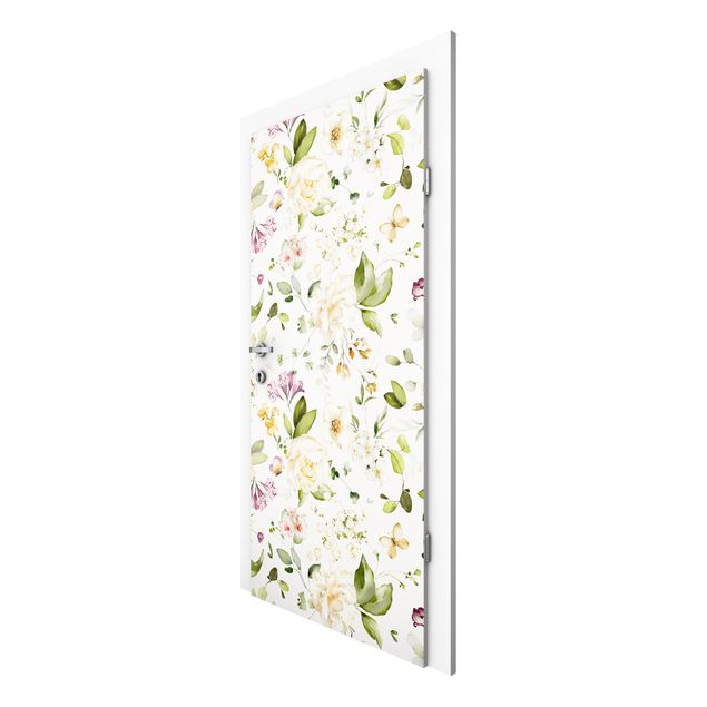 Białe tapety Wildflowers and White Roses Watercolour Pattern