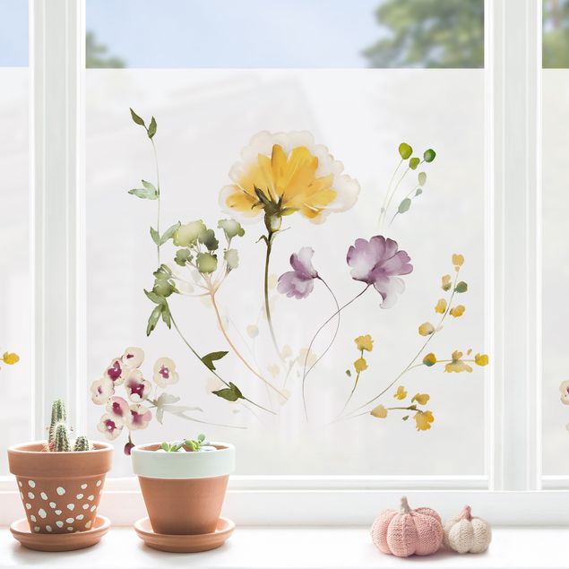 Folia okienna do salonu Delikatne akwarelowe kwiaty fioletowo-żółte