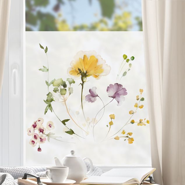 Folia okienna dla dzieci Delikatne akwarelowe kwiaty fioletowo-żółte