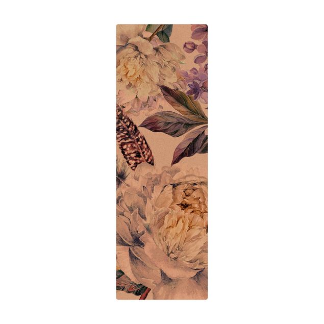 dywan pod stół Delikatny akwarelowy wzór w kwiaty boho i pióra