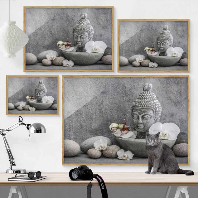 Obraz szary Budda Zen, orchidee i kamienie